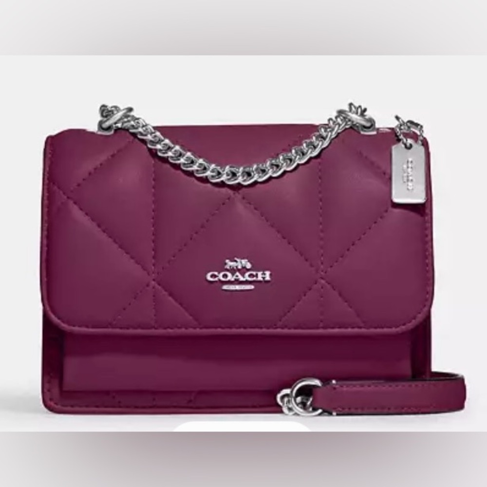 NWOT Coach Mini Klare Diamond Quilt Crossbody bag in Silver/Deep Berry.